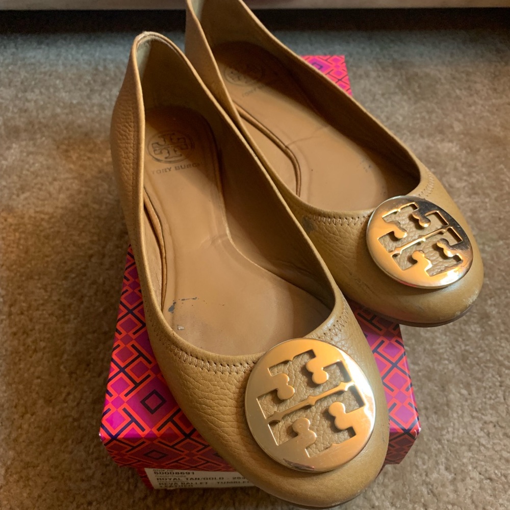 Tory Burch Reva Ballet- Tumbled in Royal Tan/Gold